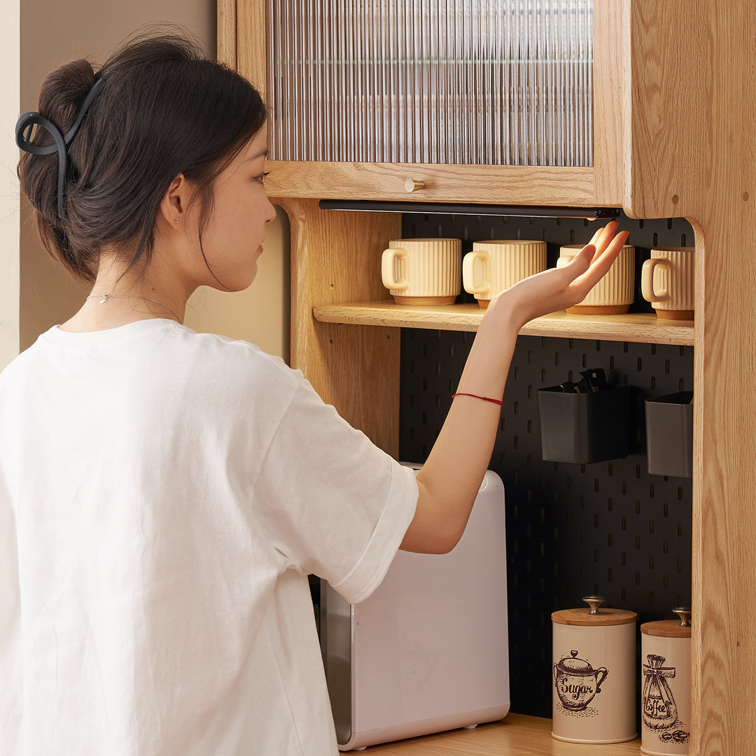 Scandinavian oak wood kitchen cabinet hemu in panoramic view.