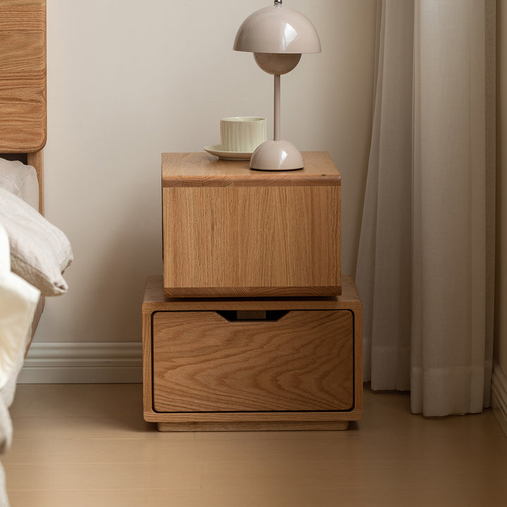 Scandinavian oak wood revolving side table twist in panoramic view.