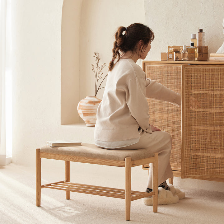 Scandinavian oak wood shoe changing bench fuji primary product view.