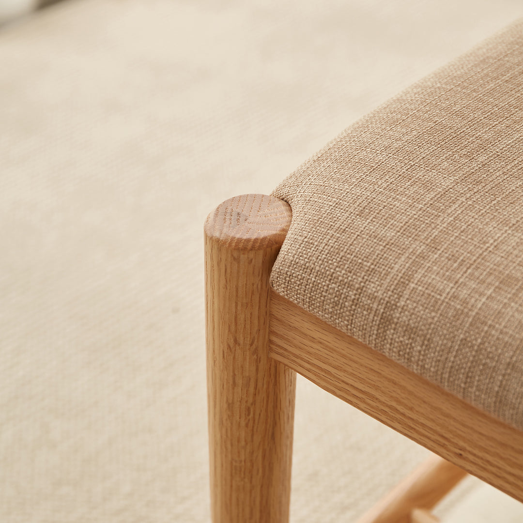 Scandinavian oak wood shoe changing bench fuji in panoramic view.