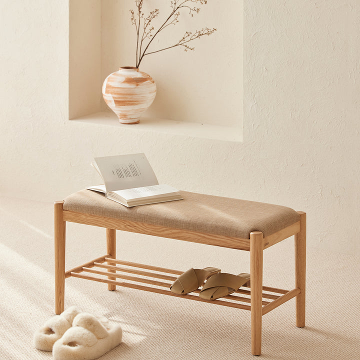 Scandinavian oak wood shoe changing bench fuji color swatches.