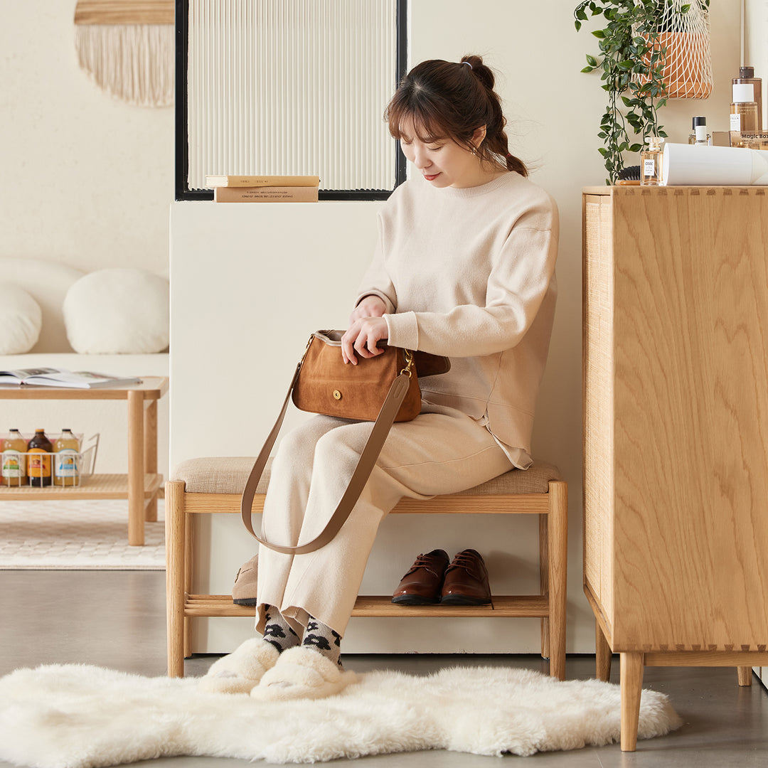 Scandinavian oak wood shoe changing bench fuji material variants.