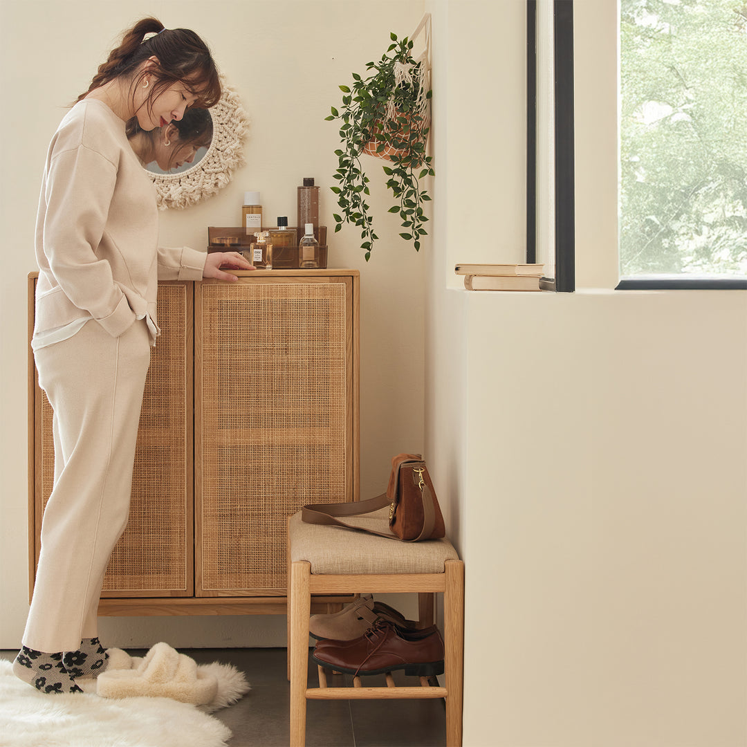 Scandinavian oak wood shoe changing bench fuji in real life style.