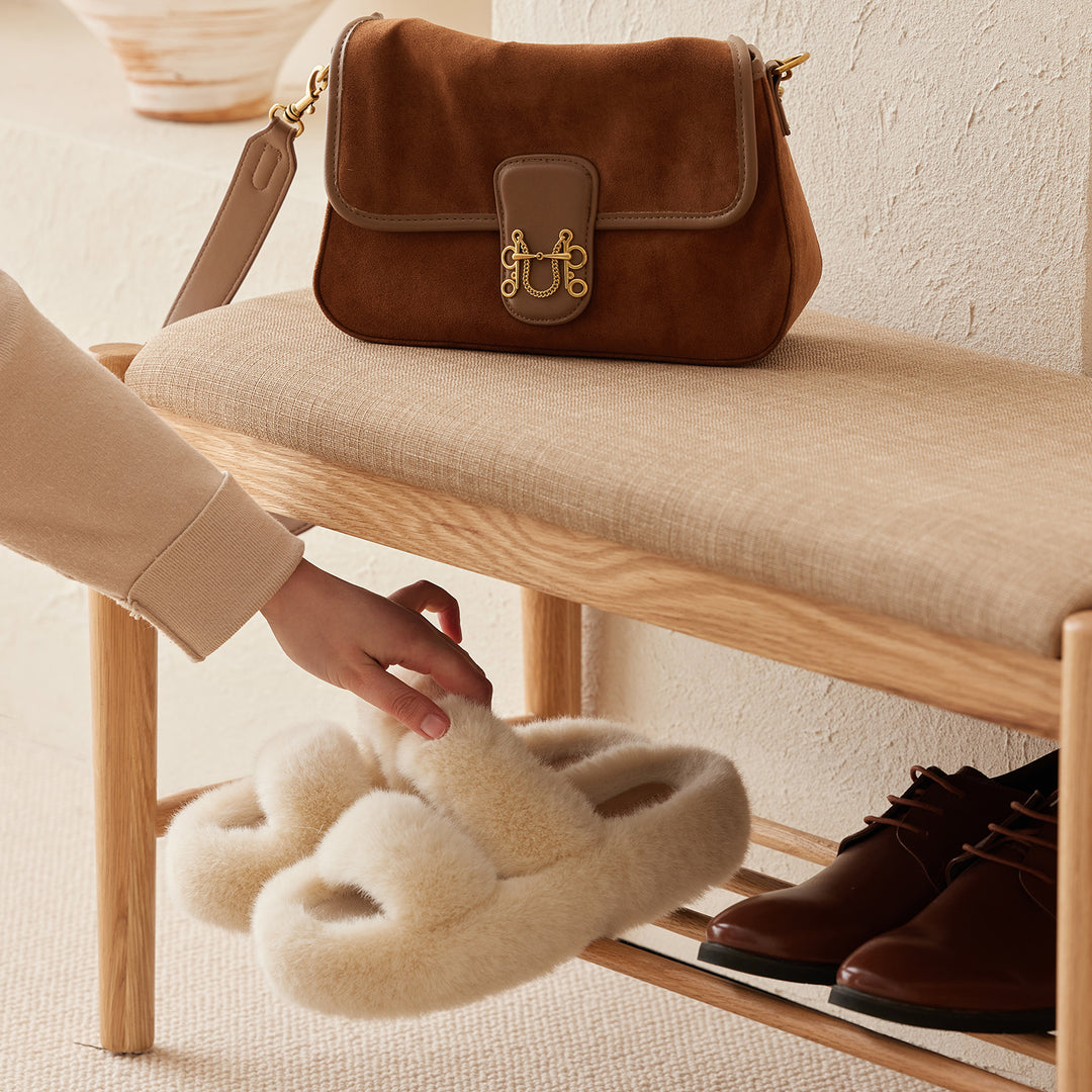 Scandinavian oak wood shoe changing bench fuji with context.