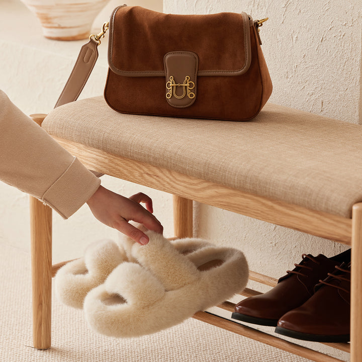 Scandinavian oak wood shoe changing bench fuji with context.