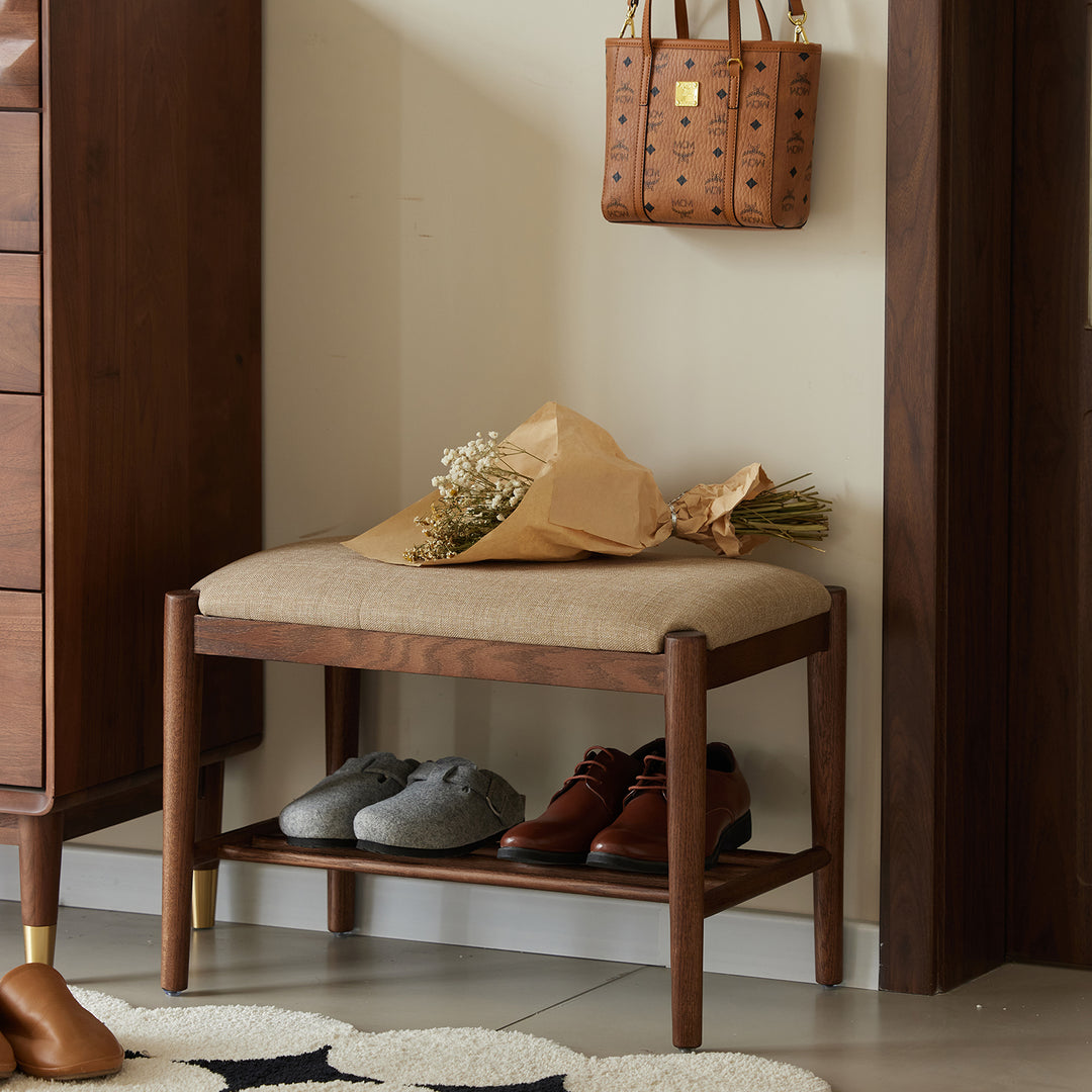 Scandinavian oak wood shoe changing bench fuji walnut primary product view.