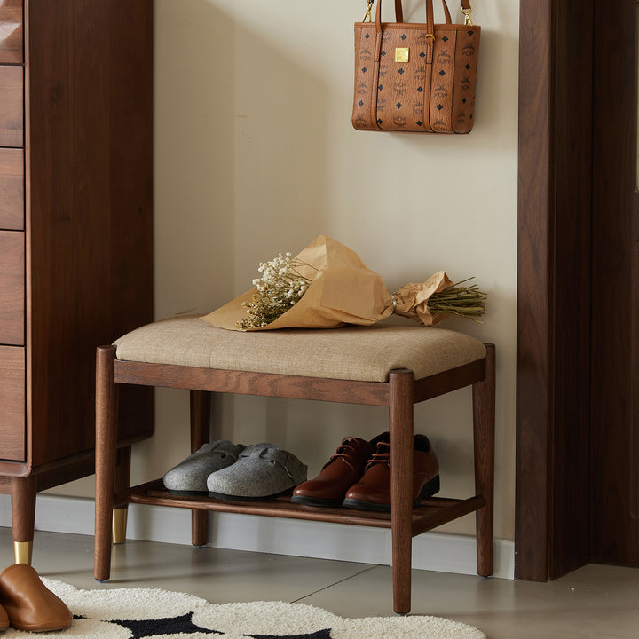 Scandinavian oak wood shoe changing bench fuji walnut primary product view.