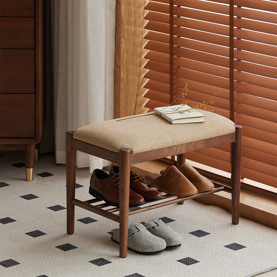 Scandinavian oak wood shoe changing bench fuji walnut color swatches.