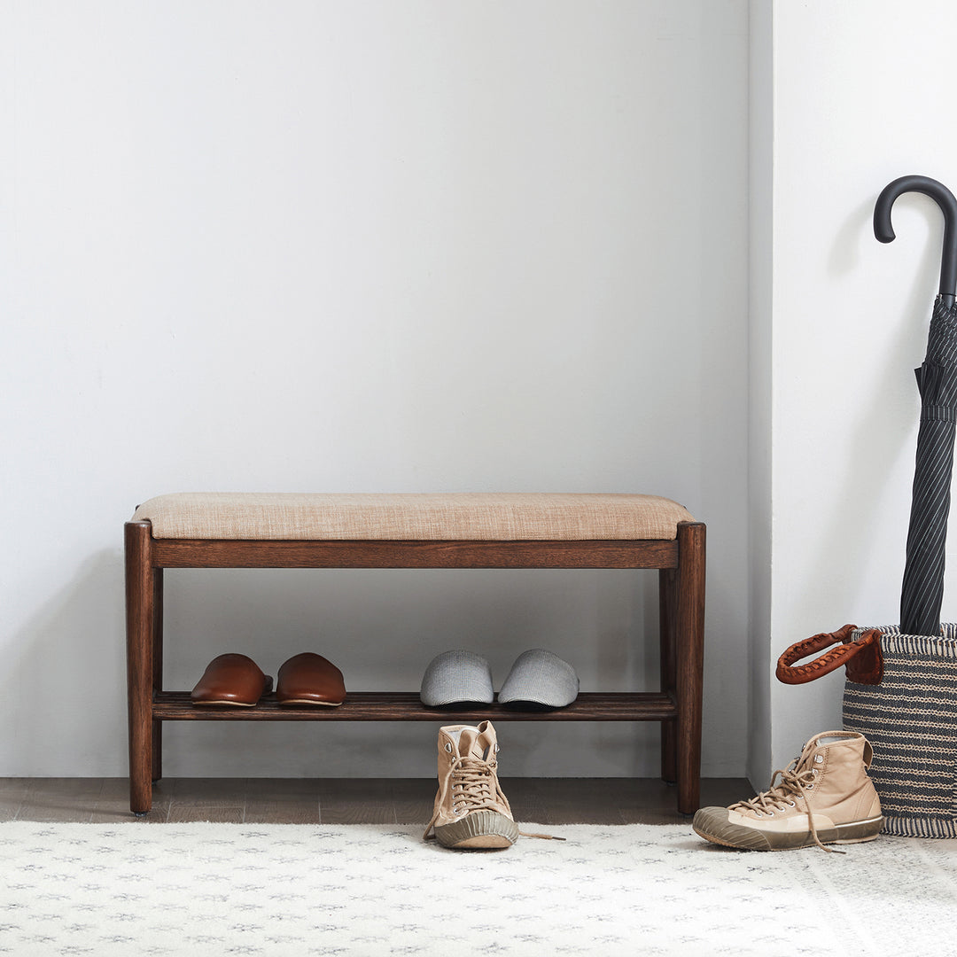 Scandinavian oak wood shoe changing bench fuji walnut in real life style.