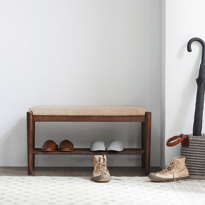 Scandinavian oak wood shoe changing bench fuji walnut in real life style.