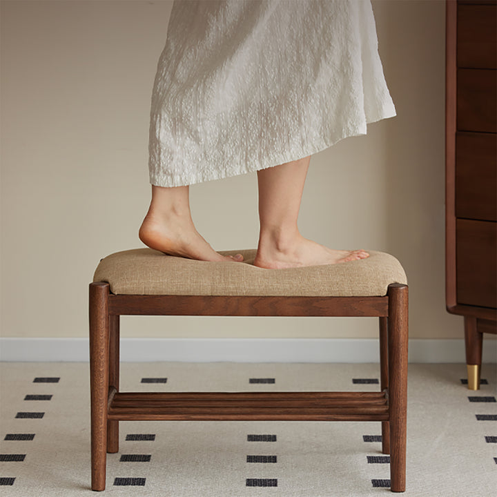 Scandinavian oak wood shoe changing bench fuji walnut in details.