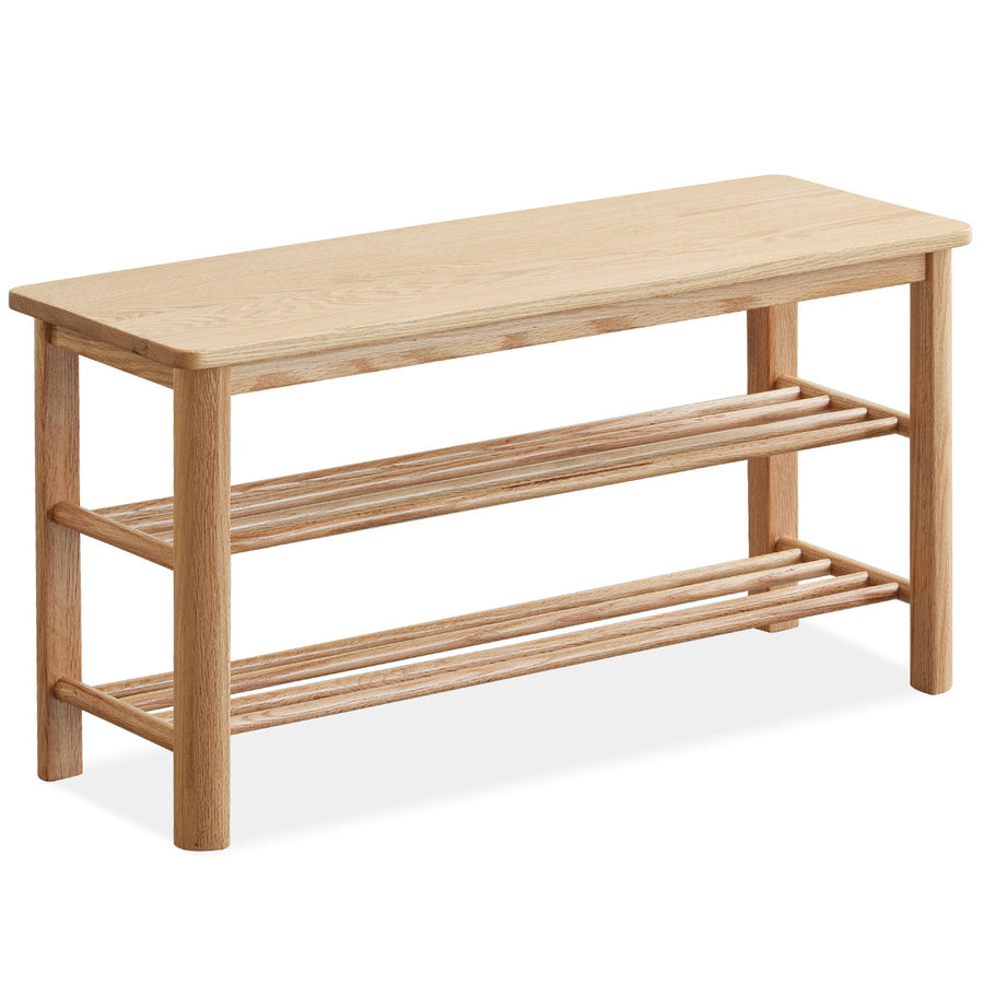 Scandinavian oak wood shoe shelf fuji in white background.