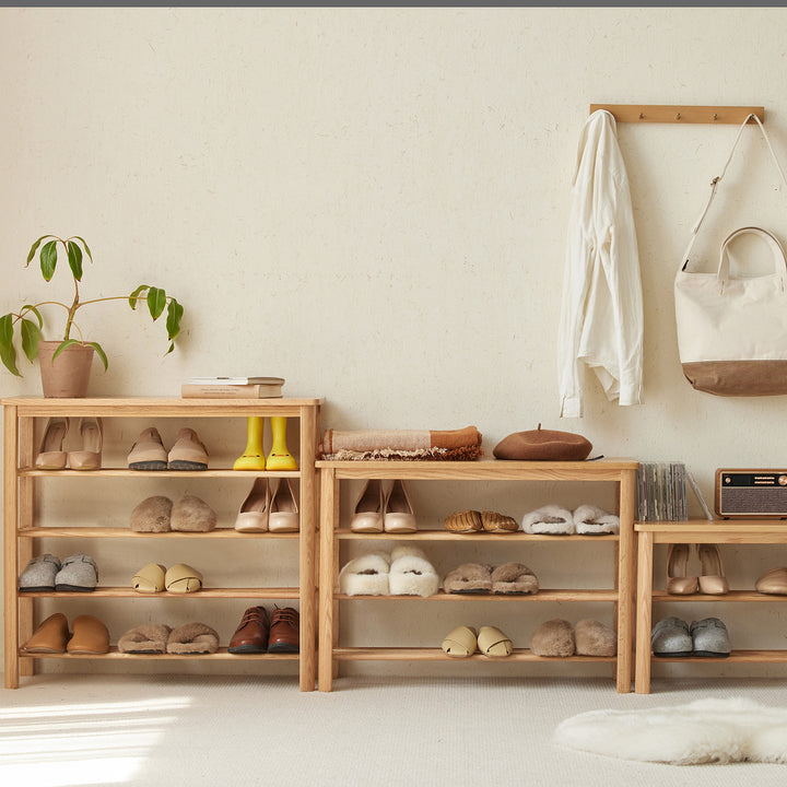 Scandinavian oak wood shoe shelf fuji color swatches.