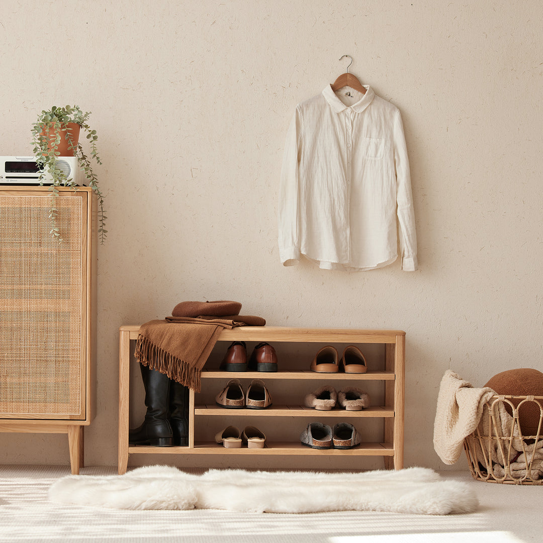 Scandinavian oak wood shoe shelf fuji material variants.