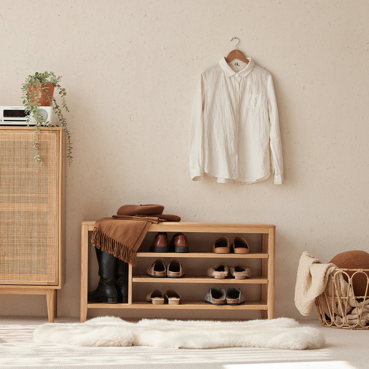Scandinavian oak wood shoe shelf fuji material variants.