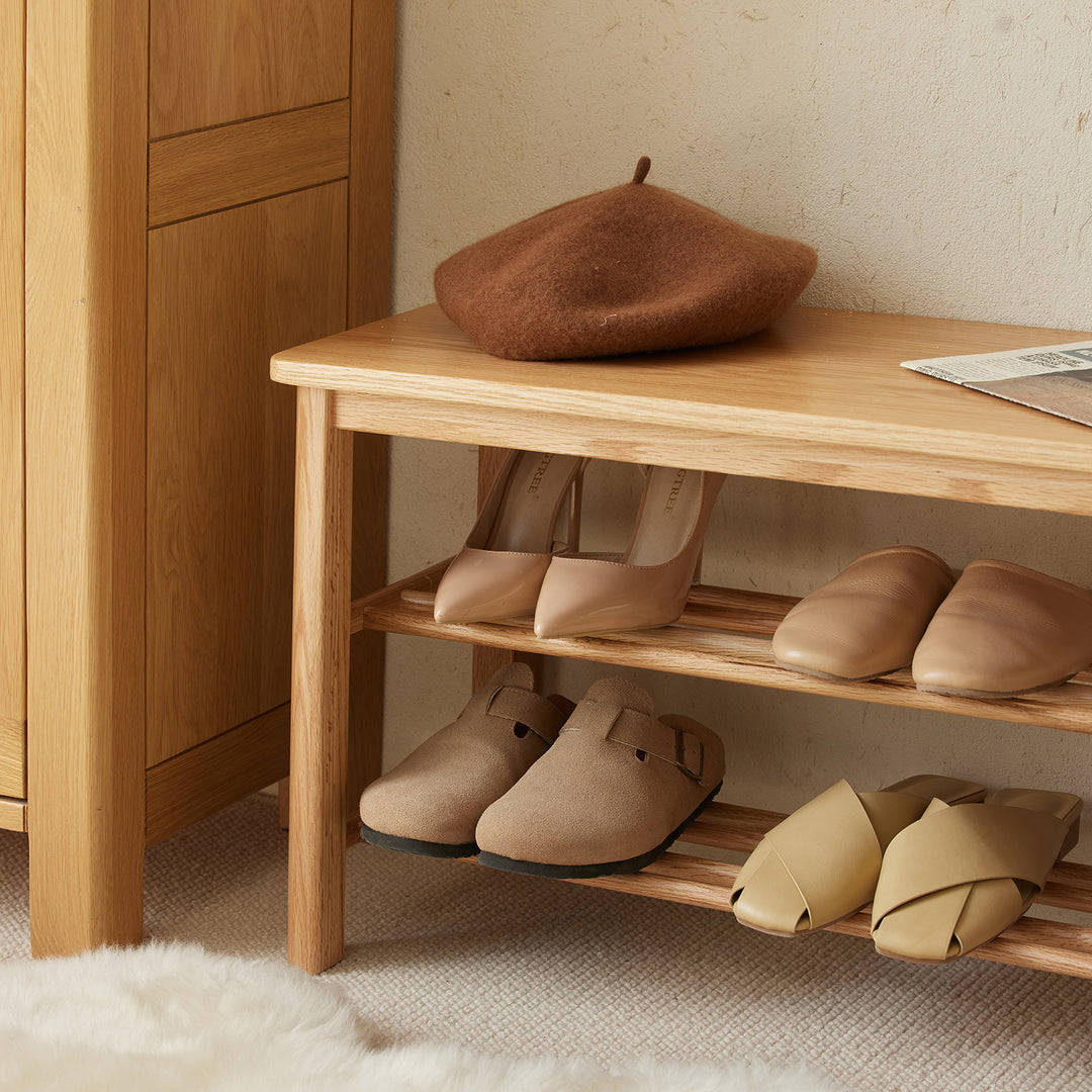 Scandinavian oak wood shoe shelf fuji in real life style.
