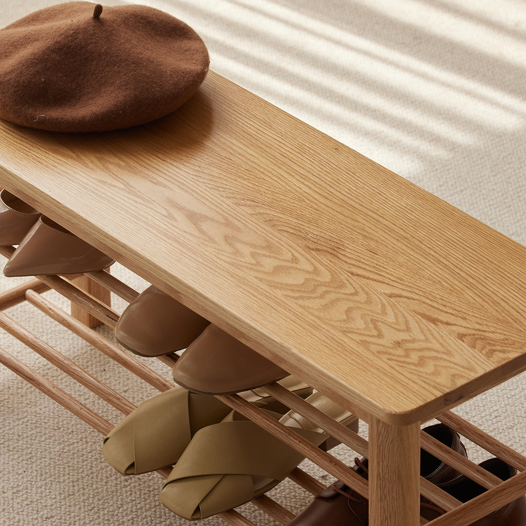 Scandinavian oak wood shoe shelf fuji in close up details.