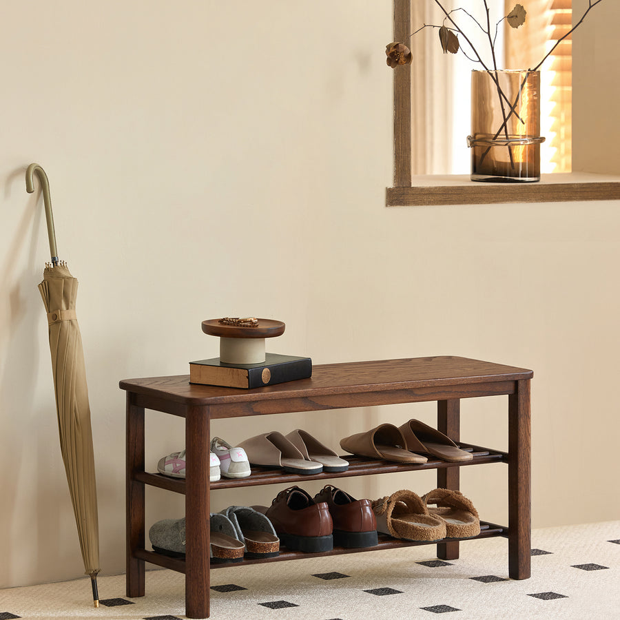 Scandinavian oak wood shoe shelf fuji walnut primary product view.