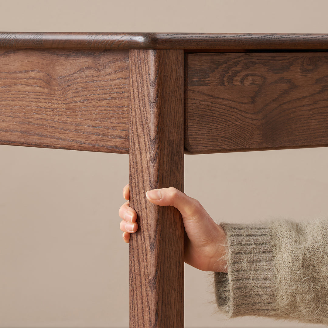 Scandinavian oak wood shoe shelf fuji walnut in close up details.