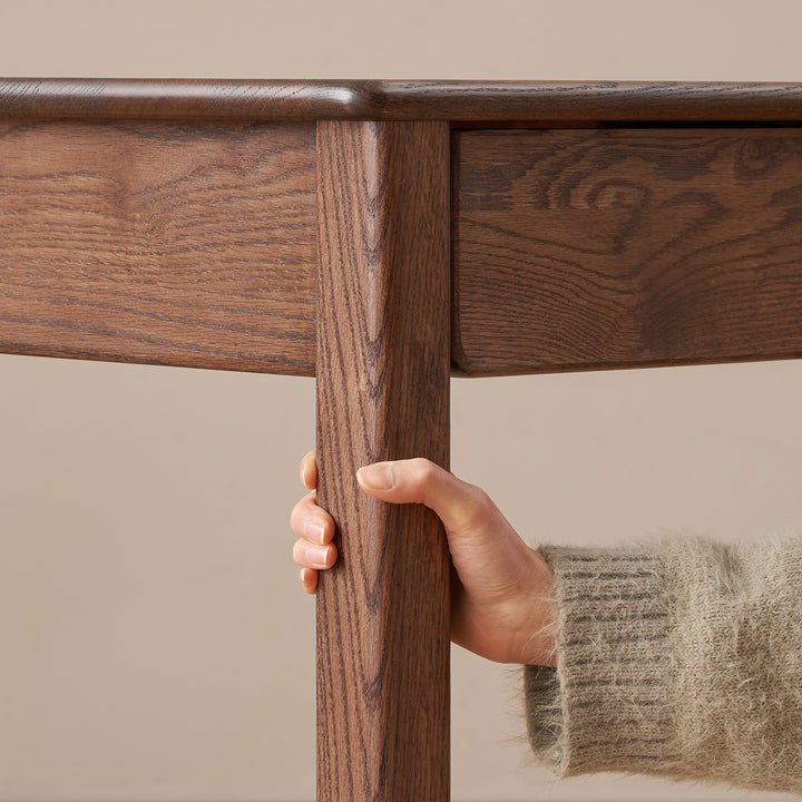 Scandinavian oak wood shoe shelf fuji walnut in close up details.