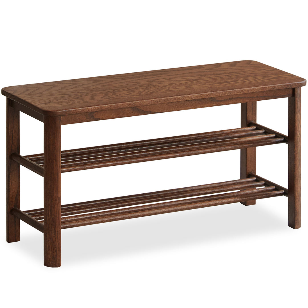 Scandinavian oak wood shoe shelf fuji walnut in white background.