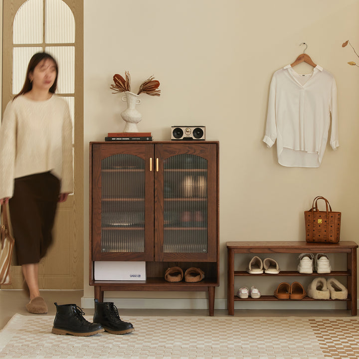 Scandinavian oak wood shoe shelf fuji walnut color swatches.