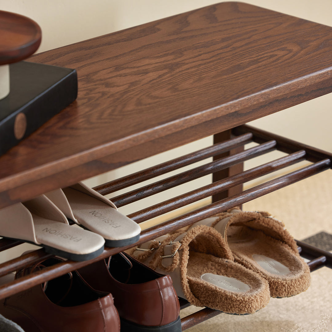 Scandinavian oak wood shoe shelf fuji walnut material variants.