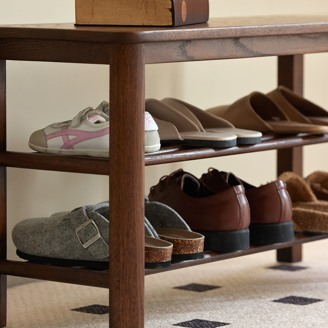 Scandinavian oak wood shoe shelf fuji walnut in real life style.