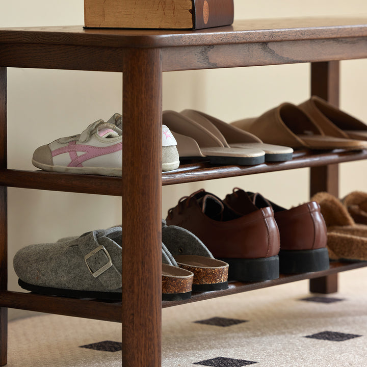 Scandinavian oak wood shoe shelf fuji walnut in real life style.
