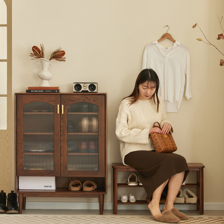 Scandinavian oak wood shoe shelf fuji walnut with context.