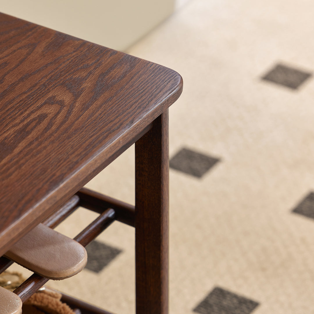 Scandinavian oak wood shoe shelf fuji walnut in details.