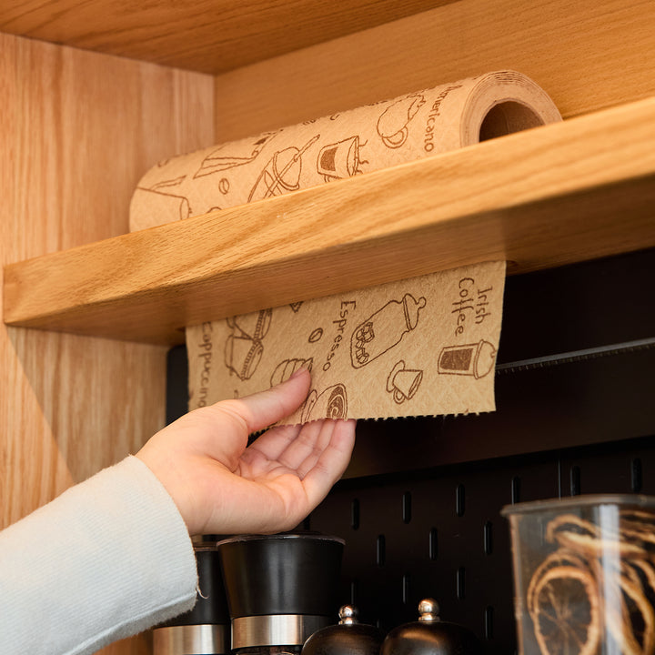 Scandinavian oak wood side cabinet lumen in panoramic view.