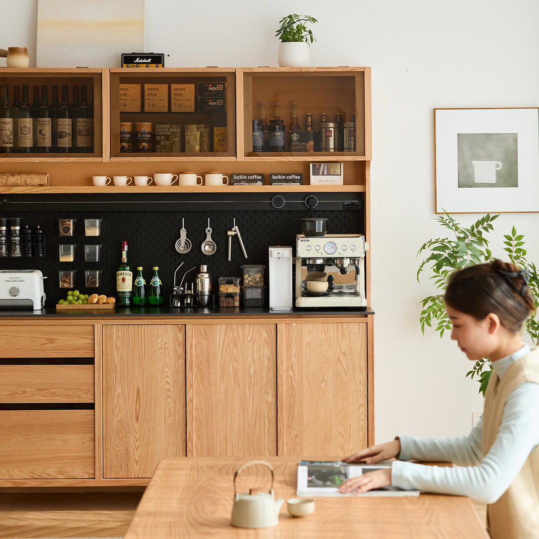 Scandinavian oak wood side cabinet lumen in details.