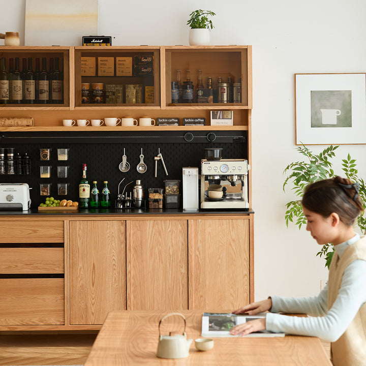 Scandinavian oak wood side cabinet lumen in details.
