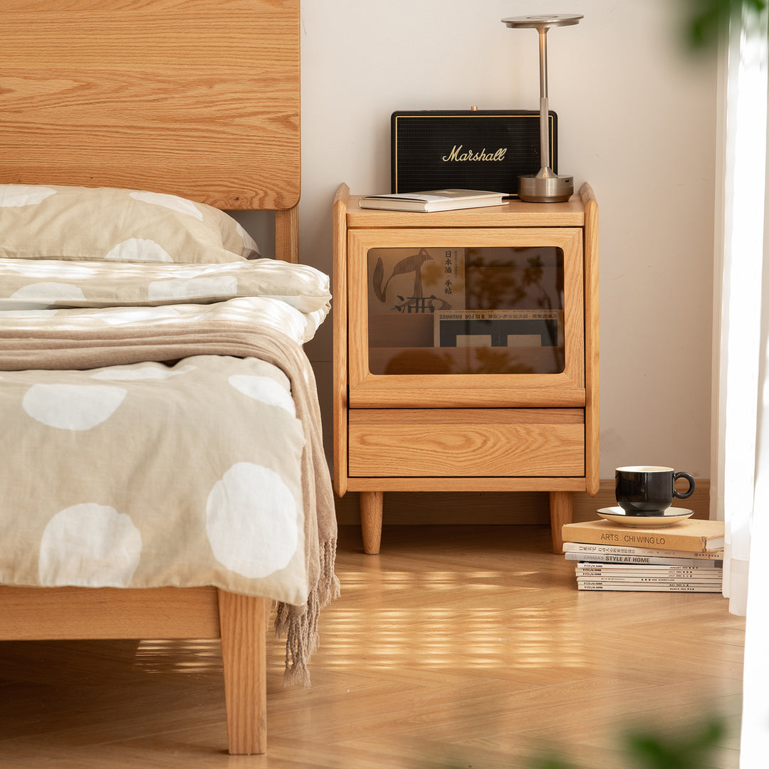 Scandinavian oak wood side table oxygen size charts.