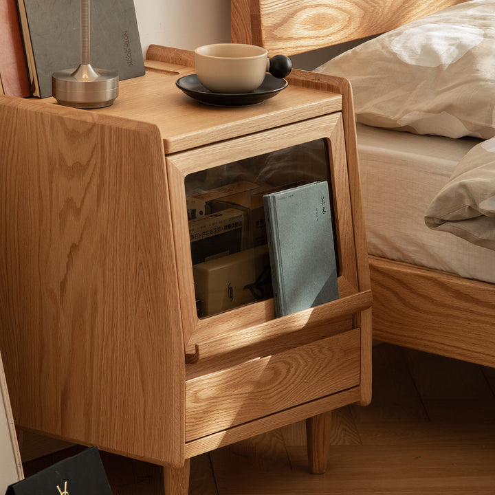 Scandinavian oak wood side table oxygen with context.