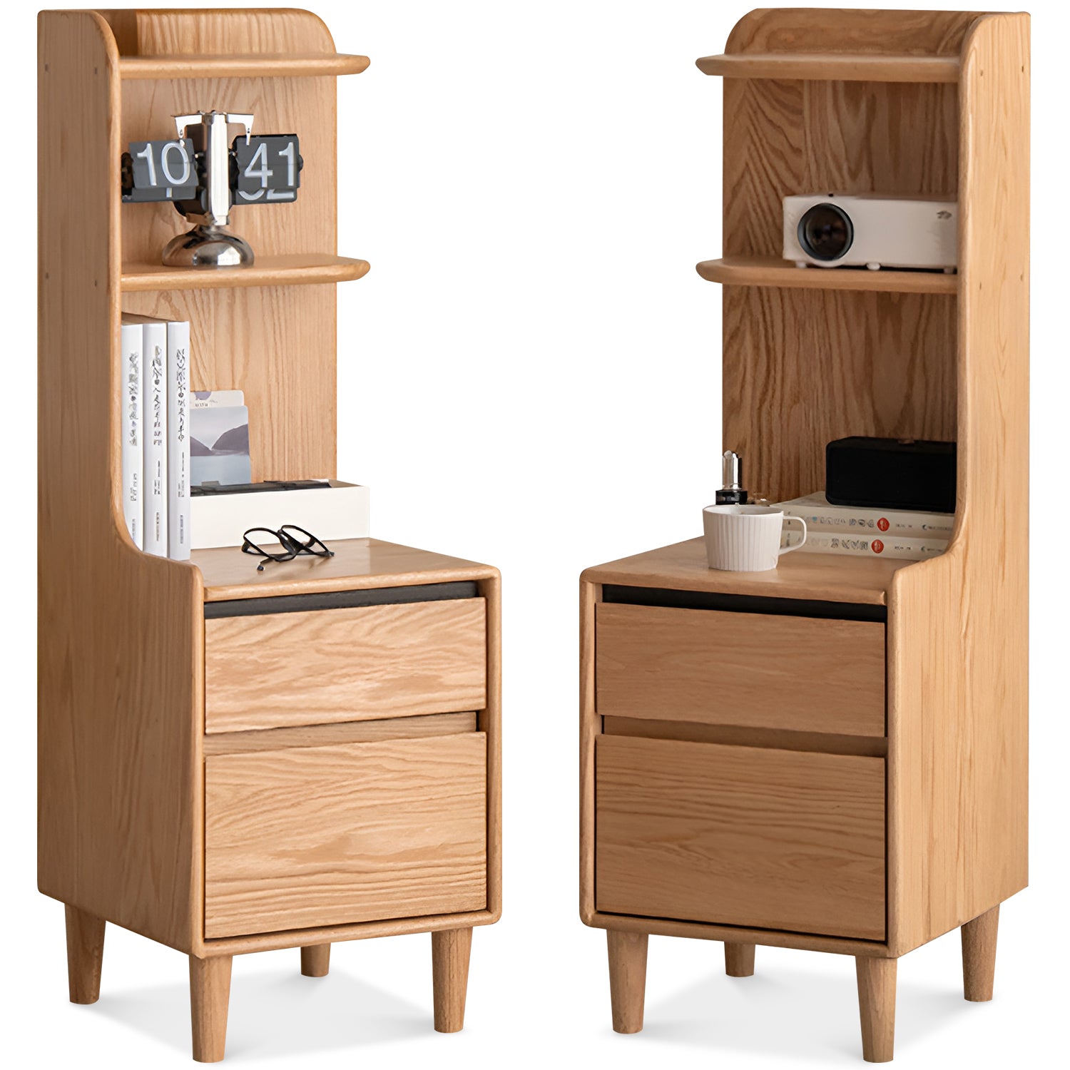 Scandinavian oak wood side table shelf luma in white background.