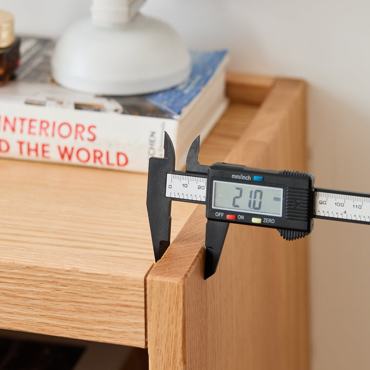 Scandinavian oak wood side table sugar with context.