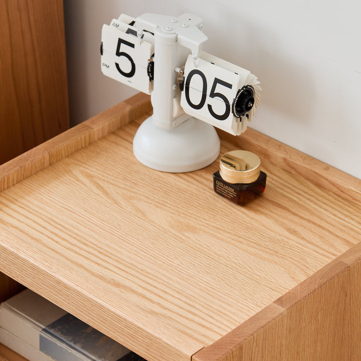 Scandinavian oak wood side table sugar in details.