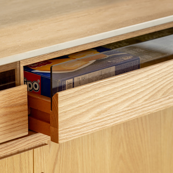 Scandinavian oak wood sintered stone cabinet timeless in close up details.