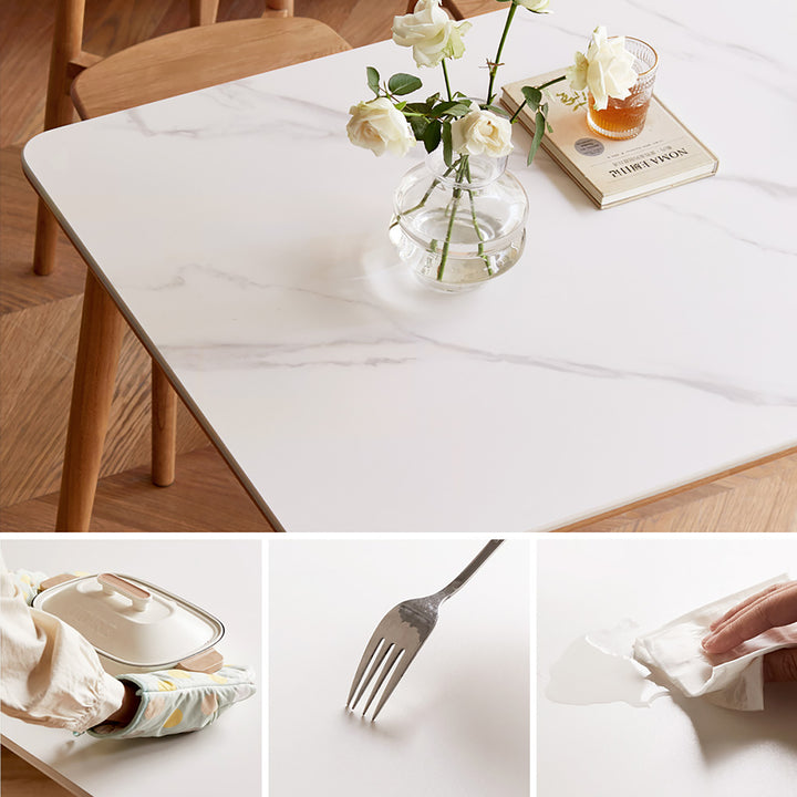 Scandinavian oak wood sintered stone dining table forme in real life style.