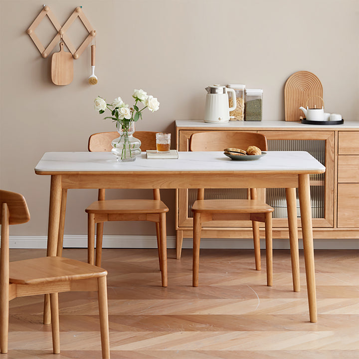 Scandinavian oak wood sintered stone dining table forme in details.