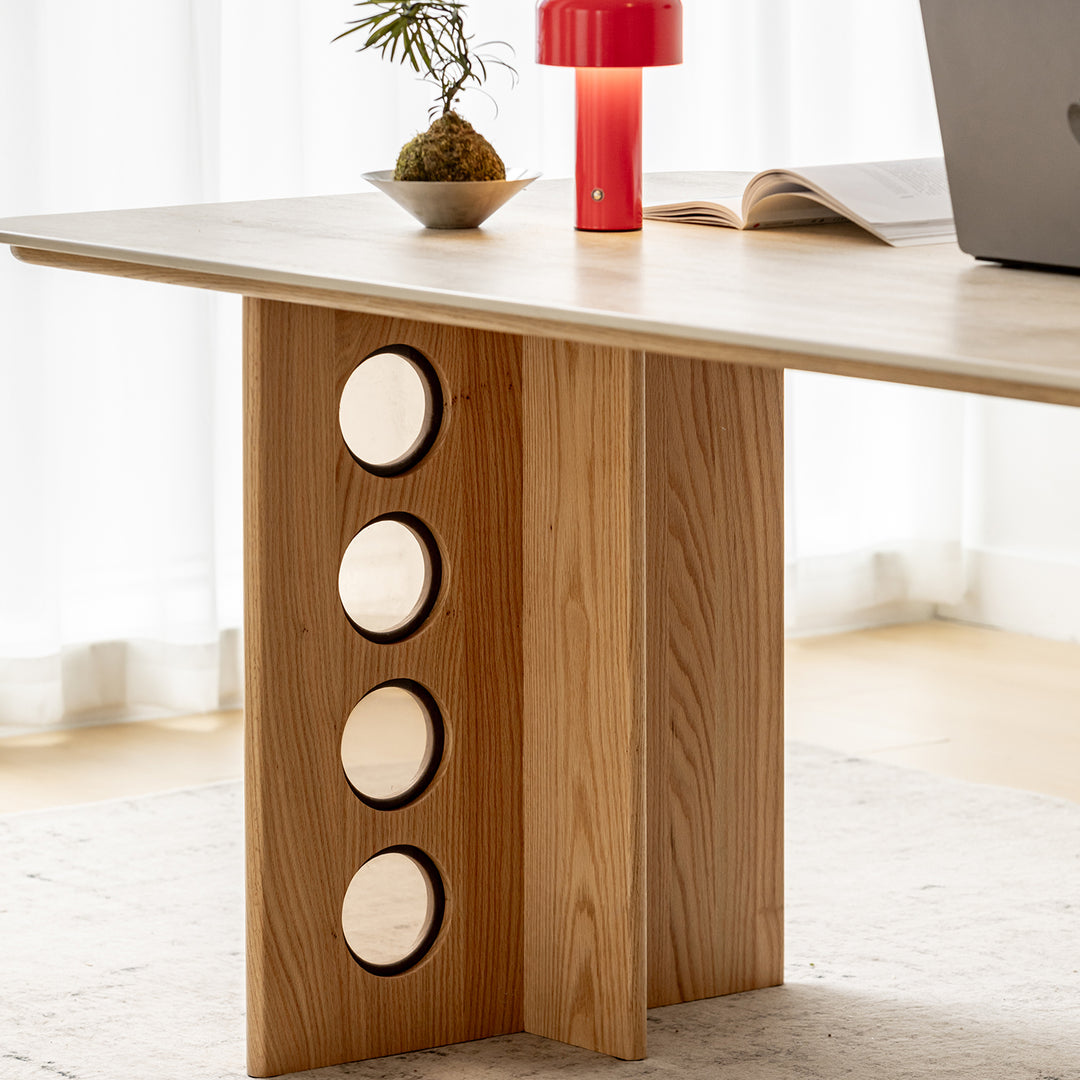 Scandinavian oak wood sintered stone dining table timeless in close up details.