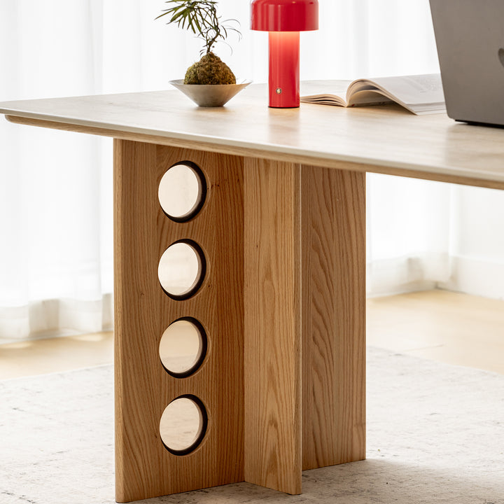 Scandinavian oak wood sintered stone dining table timeless in close up details.