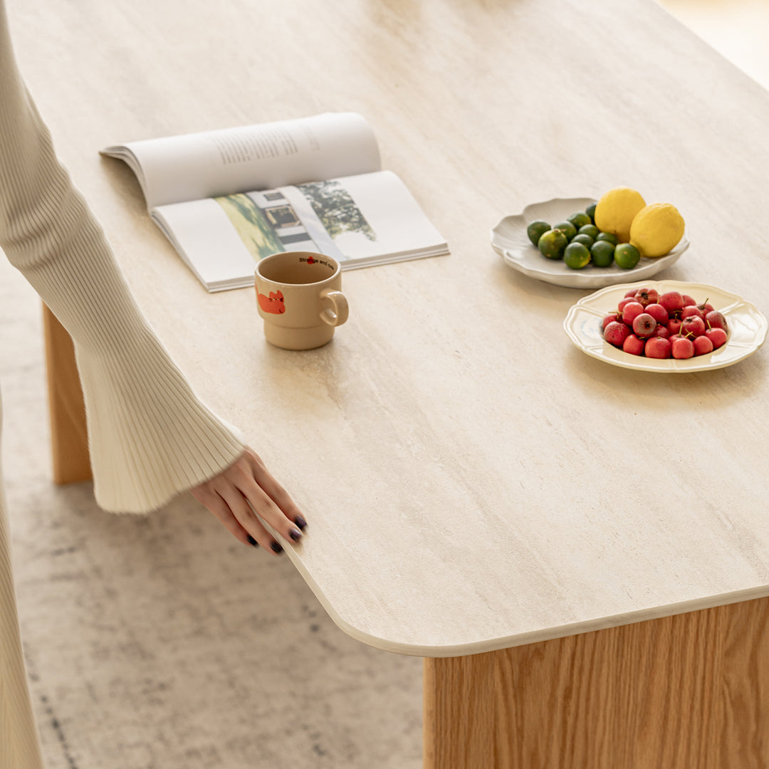Scandinavian oak wood sintered stone dining table timeless in still life.