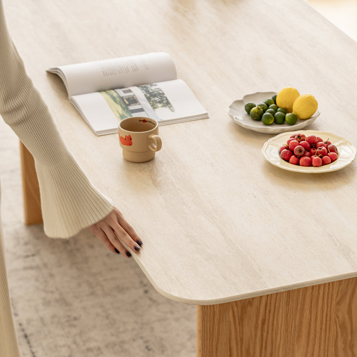 Scandinavian oak wood sintered stone dining table timeless in still life.