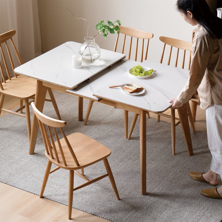 Scandinavian oak wood sintered stone extendable dining table shift primary product view.
