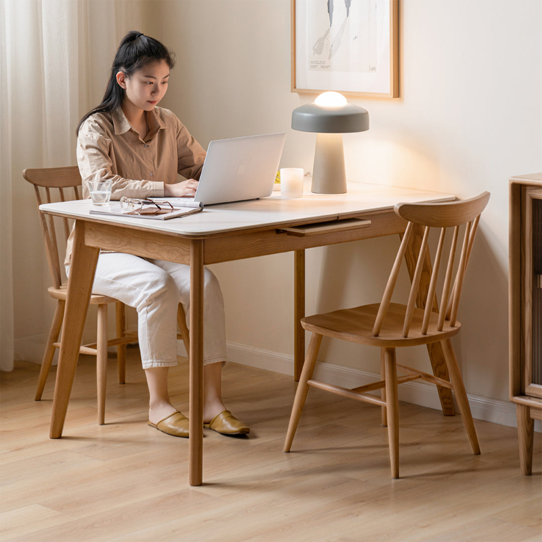 Scandinavian oak wood sintered stone extendable dining table shift material variants.
