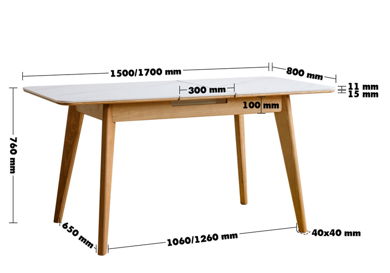 Scandinavian Oak Wood Sintered Stone Extendable Dining Table SHIFT Size Chart