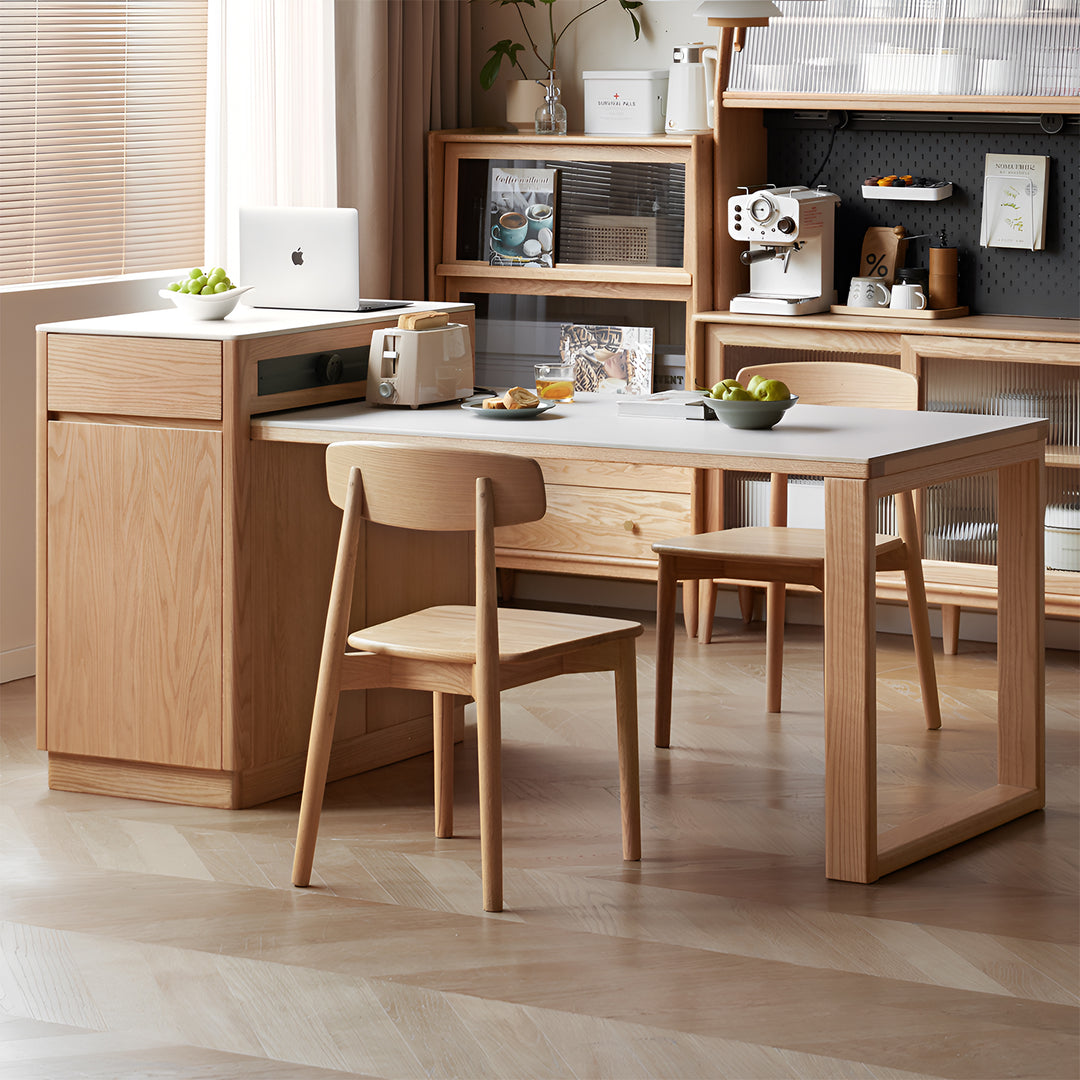 Scandinavian oak wood sintered stone extendable island dining table with cabinet flexa primary product view.